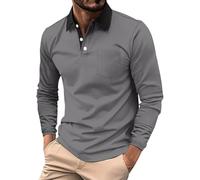 Polo à manches longues pour homme, chemise boutonnée avec poches, col contrasté, t-shirts de golf chemisiers décontractés, Polos gris à manches longues pour hommes, M