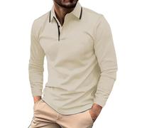 Polo à manches longues pour homme - Chemise de travail décontractée extensible infroissable boutonnée tendance simple à revers - T-shirt de sport doux pour la peau, durable et confortable, beige, L
