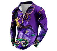 Polo à manches longues pour homme - Col zippé - Imprimé festif - Pour le travail, les vacances, la marche en plein air, violet, XL