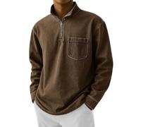 Polo à manches longues pour homme - Coupe ample - Couleur unie - Pull d'affaires - Col montant - Sans capuche - Léger - Avec poche, café, 4XL