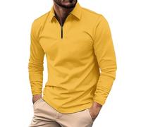 Polo à manches longues pour homme, coupe classique, fermeture éclair, couleur unie, pour le travail, les vacances, la marche en plein air, jaune, L