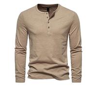Polo à manches longues pour homme en coton à manches longues col rond avec quatre boutons élégant décontracté couleur unie haut coupe ajustée t-shirts confortables adaptés à toutes les saisons, kaki,