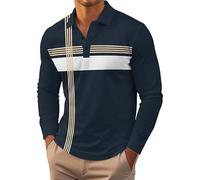 Polo à manches longues pour homme en coton rayé avec col boutonné, Polo à manches longues bleu marine pour homme, XL
