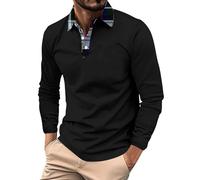 Polo à manches longues pour homme et adulte en coton coupe ajustée col grand-père boutonné haut habillé chemise habillée chemise avec poche design décontracté extensible t-shirt de gym respirant, Noir