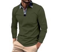 Polo à manches longues pour homme et adulte en coton coupe ajustée col grand-père boutonné T-shirt de gym respirant Coupe musclée Décontracté Extensible Workwear Chemise avec poche, vert militaire, M