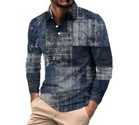 Polo à manches longues pour homme - Imprimé écossais - Couleurs contrastées - Délavé - T-shirt de golf vintage, Polos bleus pour homme, XL