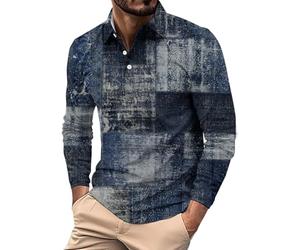 Polo à manches longues pour homme - Imprimé écossais - Couleurs contrastées - Délavé - T-shirt de golf vintage, Polos bleus pour homme, XL