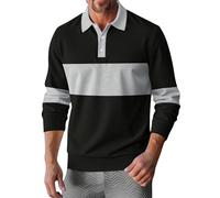 Polo à manches longues pour homme - Patchwork gaufré - Coupe ajustée - Chemise de travail décontractée à 3 boutons - Séchage rapide - Vêtement de travail léger - Haut de bureau, Noir , XL