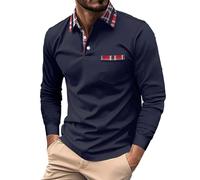 Polo à manches longues pour homme | Polo basique à col à carreaux de couleur contrastée pour le golf, le tennis, le golf, la coupe droite, chemise boutonnée avec poche, col en jean classique, bleu