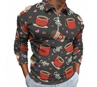 Polo à manches longues pour homme - Tasse rouge à imprimé café T-shirt de golf décontracté avec fermeture éclair pour homme, Style-40, Taille XL
