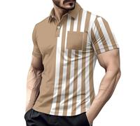 Polo à rayures pour homme avec poche et boutons à manches courtes pour le golf, le travail, classique et décontracté, Chemises rayées kaki pour homme, M
