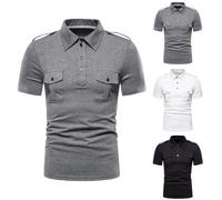 Polo cargo à poches pour homme avec épaulettes - Haut à manches courtes et boutons - Pour voyage, randonnée, Chemises noires avec double poches, M