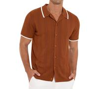 Polo de golf à manches courtes en tricot vintage pour homme avec boutonnière, manches courtes, cardigans vintage, haut de golf/plage couleur unie à manches courtes, marron, XL