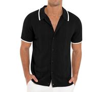 Polo de golf à manches courtes en tricot vintage pour homme avec boutonnière, manches courtes, cardigans vintage, haut de golf/plage couleur unie à manches courtes, Noir , 3XL