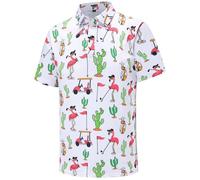 Polo de Golf à Manches Courtes pour Homme - Évacuation de l'humidité - Coupe sèche, Cactus Flamants Roses, Taille L