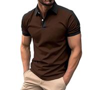 Polo de golf à manches courtes pour homme - Léger - Col à revers - Respirant - Haut de travail - Couleurs contrastées - Avec bouton, café, XXL