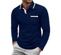Polo de golf à manches longues pour homme - Polo classique en coton avec poche de poitrine - Décontracté - Couleur unie - T-shirt stretch - Avec bouton - Infroissable - T-shirt d'affaires, bleu foncé,