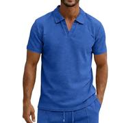 Polo de golf décontracté gaufré à manches courtes et col en V pour homme, bleu, XXL