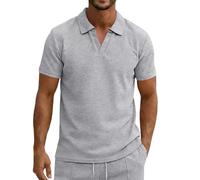 Polo de golf décontracté gaufré à manches courtes et col en V pour homme, Cendré clair, S