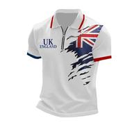 Polo de sport pour homme Union Jack avec fermeture éclair sur le devant, motif drapeau britannique, manches courtes, col zippé, coupe droite, grande taille, vêtements de vacances pour homme UK, blanc