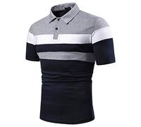 Polo d'été à manches courtes pour homme, chemise décontractée rayée de couleur contrastée - Chemise légère à col rabattu - Polo de golf confortable et extensible, gris, XXL