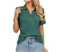 Polo d'été décontracté à manches courtes pour femme - Col en V - Coupe décontractée - Avec poche - Confortable - Couleur unie, 1 vert kaki., XXL