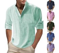 Polo d'été en coton et lin pour homme, manches 3/4, col en V, léger, séchage rapide, hipster, t-shirt de plage, Polo Bleu De Hombre, XL