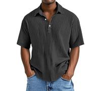 Polo d'été texturé à manches courtes pour homme - Pour la plage, les vacances - Décontracté - En tricot ample - Boutonné, Polo De Hombre Noir, 5XL