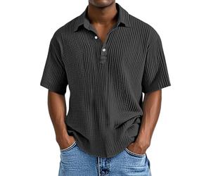 Polo d'été texturé à manches courtes pour homme - Pour la plage, les vacances - Décontracté - En tricot ample - Boutonné, Polo De Hombre Noir, 5XL
