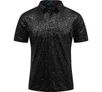 Polo disco des années 70 pour homme - Style vintage - Costume hippie des années 60 - Haut à paillettes - Chemise boutonnée à manches courtes - T-shirt étincelant, Noir , XL