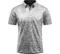 Polo disco des années 70 pour homme - Style vintage - Costume hippie des années 60 - Haut à paillettes - Chemise boutonnée à manches courtes - T-shirt étincelant, Argenté., M