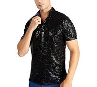 Polo disco vintage Gefomuofe pour homme - Polo à manches courtes avec paillettes - Chemise en or métallique brillante - Costume de fête des années 70, Noir , XL