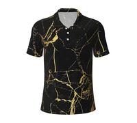Polo élégant à manches courtes pour homme avec texture marbrée dorée et col à séchage rapide, noir, Taille L