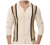 Polo en tricot à manches longues pour homme - Vintage - Rayé - Bouton Down - Gym - Golf - Rétro - Cardigan - Pull pour homme - Tricot confortable - Polo à manches longues avec fermeture éclair, O