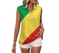 Polo Femme sans Manches Sport Été, Col V Boutonné, Imprimé République du Congo Drapeau Rayures Géométriques, Séchage Rapide, Respirant - Débardeur Léger pour Golf, Tennis, Gym, Yoga