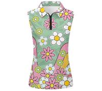 Polo Femme, Top Sans Manches, Debardeur Col Polo avec Demi-Zip Devant, Coupe Cintrée, Imprimé Fleurs sur l'Ensemble, Longueur Couvrante, Style Dynamique Sans Capuche | pour Été, Loisirs, Quotidien