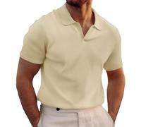 Polo gaufré à manches courtes pour homme - Couleur unie simple - Haut à manches courtes sans boutons - Col en V - Facile à porter - Pour l'été - Polyvalent - Décontracté - Léger - Mince - Respirant -