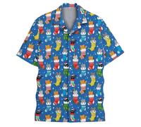 Polo hawaïen pour homme - Imprimé floral 3D - Manches courtes - Moderne - Coupe ajustée - Été - Décontracté - Sans col - Festival rétro vintage - Plage hawaïenne - Néon - Disco - Funny Party, Q bleu