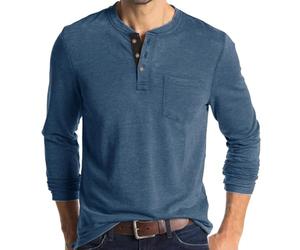 Polo Henley sans col pour homme - T-shirt de golf à manches longues, bleu jean, S