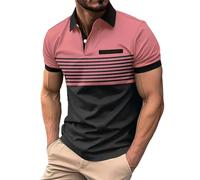 Polo Homme Coton Manches Courtes Bicolore Rayures Horizontales Col Contrastant Boutons Poche Poitrine T-Shirt Casual Confortable Tee-Shirt pour Quotidien (Pink, XXXL)