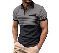 Polo Homme Coton Manches Courtes Bicolore Rayures Horizontales Col Contrastant Boutons Poche Poitrine T-Shirt Casual Confortable Tee-Shirt pour Quotidien (Grey, M)
