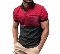Polo Homme Coton Manches Courtes Bicolore Rayures Horizontales Col Contrastant Boutons Poche Poitrine T-Shirt Casual Confortable Tee-Shirt pour Quotidien (Red, L)