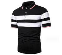 Polo Homme Coton Manches Courtes Rayures Horizontales Contrastantes Col Rabattu Finition Bicolore Trois Boutons Tee Shirt Casual Confortable Tops en Cinq Coloris (Black, XL)