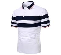 Polo Homme Coton Manches Courtes Rayures Horizontales Contrastantes Col Rabattu Finition Bicolore Trois Boutons Tee Shirt Casual Confortable Tops en Cinq Coloris (White, XXL)