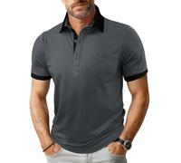 Polo Homme Manches Courtes Men's Loose Threaded Cuffs Short-Sleeved Casual Lapel Button Top Foncé L