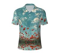 Polo imprimé coquelicots sur ciel bleu à manches courtes pour le golf, le travail, les activités de plein air, tenue décontractée, Noir , 3XL