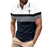 Polo Mode Homme Manches Courtes Rayures Contrastées Un Imprimé Vintage Col V Couleur de Contraste Tee Shirt Été Casual Shirt pour Travail Tennis Golf (Navy-B, XL)