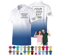 Polo personnalisé pour homme et femme - Créez votre propre logo de maillot de golf personnalisé - Texte du nom - Impression sur le devant et l'arrière, Blanc/bleu, S/5XL