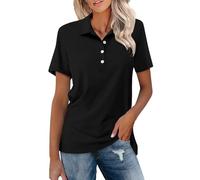 Polo pour femmes UK, Polo haut de gamme pour femmes à manches courtes d'été avec revers décontracté à boutons quart-classique en coton pour le sport, le golf et le tennis, Noir , XL