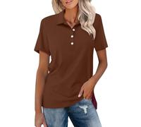 Polo pour femmes UK, Polo haut de gamme pour femmes manches courtes d'été revers décontracté à quart de bouton classique en coton sport golf tennis, marron, M
